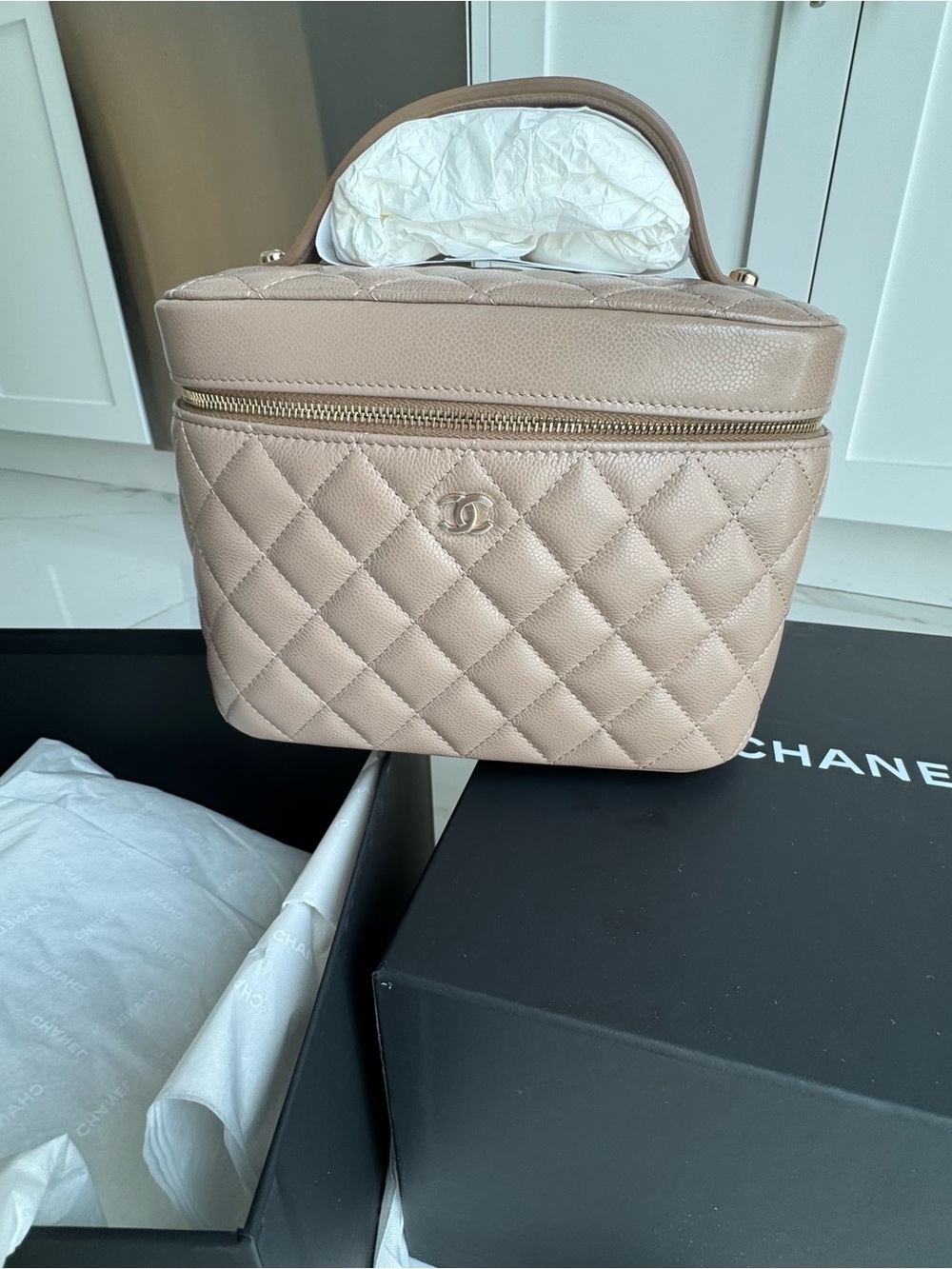 CHANEL Beige Quilted Vanity Case with Top Handle
